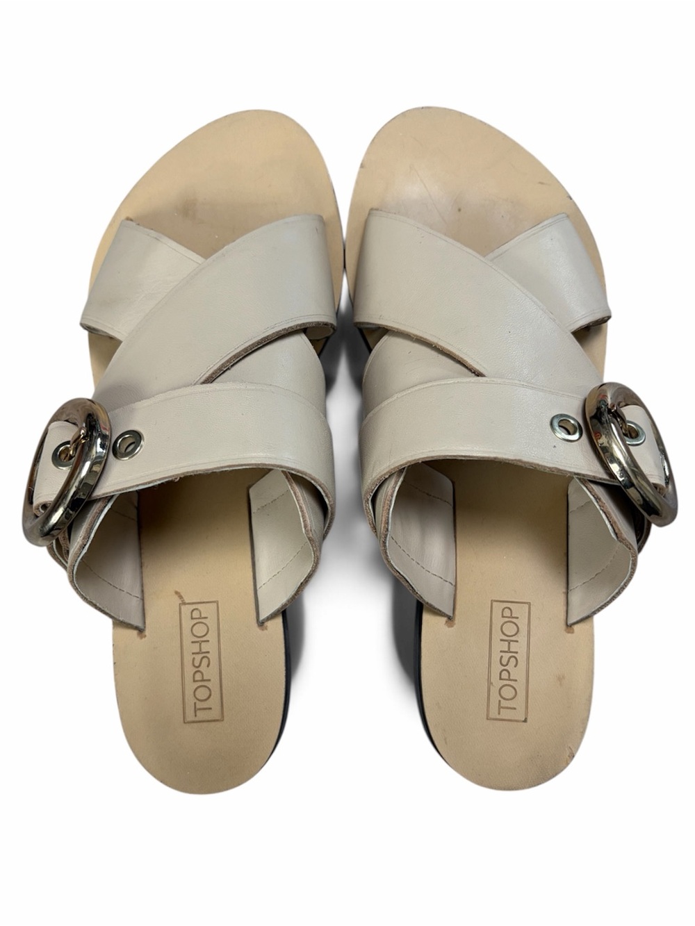 Topshop Cream Cross Strap Slide Sandals Gold Buckles Flat Mules Womens Size 5